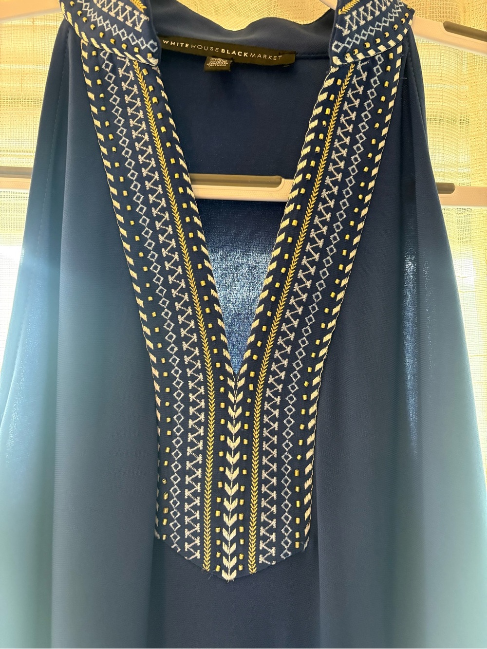 White House Black Market Navy V-Neck Dress with Gold & White Embroidery